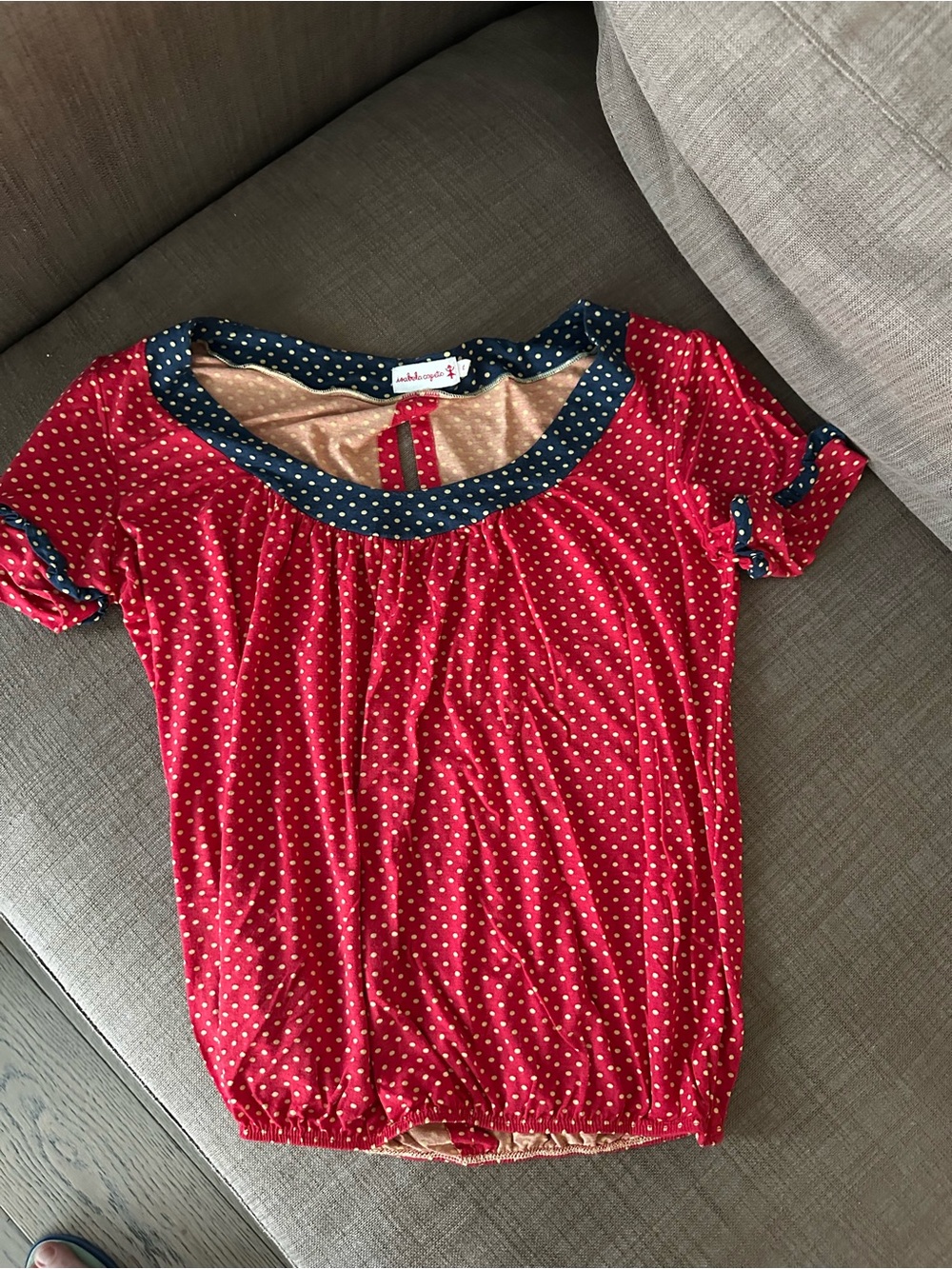 Red Polka Dot Short Sleeve Blouse with Navy Trim